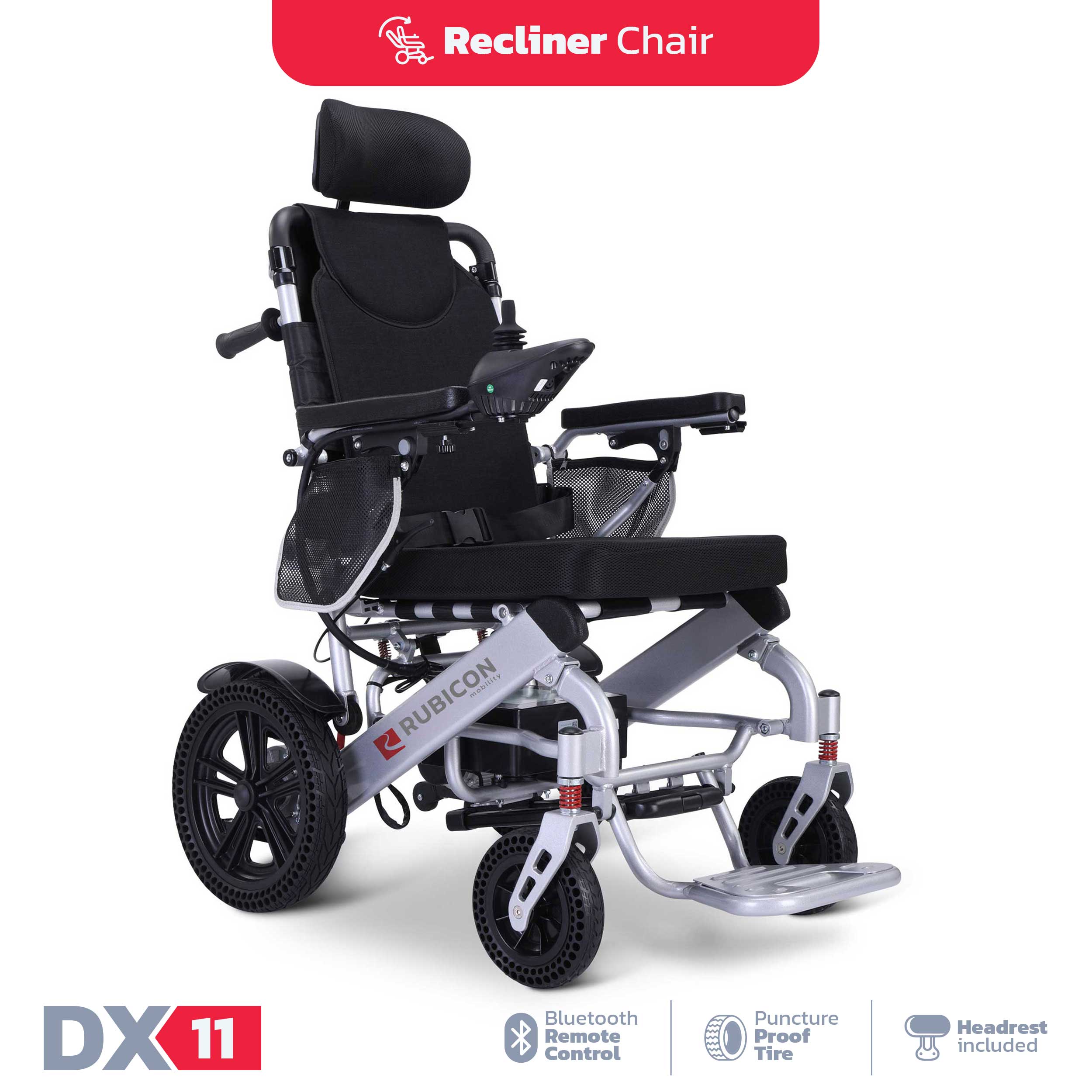 Rubicon DX11 - Reclining Electric Power Wheelchair with Adjustable Headrest, 20-Mile Range & Dual Motors | Lightweight, Foldable & All-Terrain