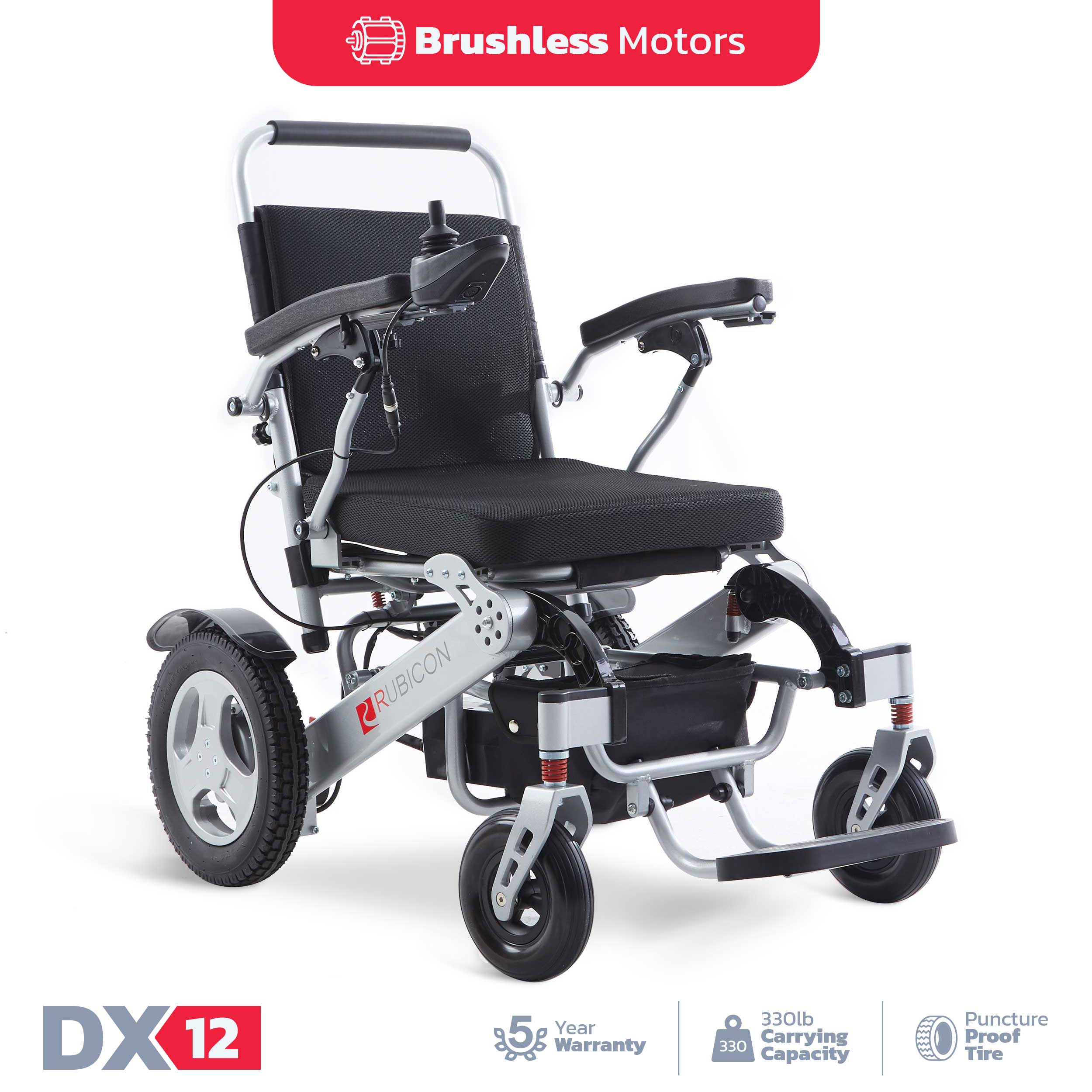 Rubicon DX12 - Deluxe Premium Electric Power Wheelchair with Dual 300W Brushless Motors & 20-Mile Range | All-Terrain, Lightweight, Foldable