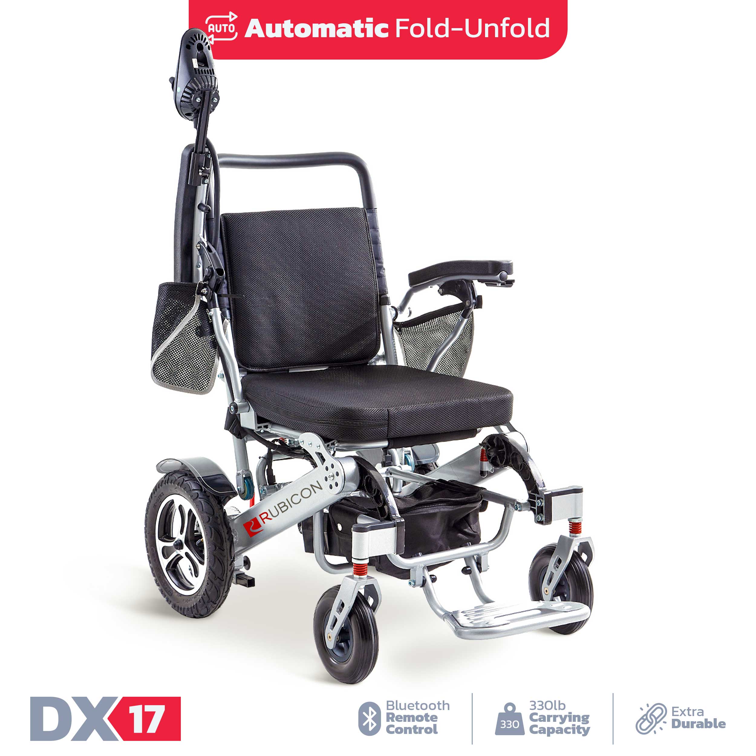 Rubicon DX17 - Automatic Fold-Unfold Electric Power Wheelchair: Lightweight, Auto Collapsible & All-Terrain | Dual 300W Motors, 20-Mile Range
