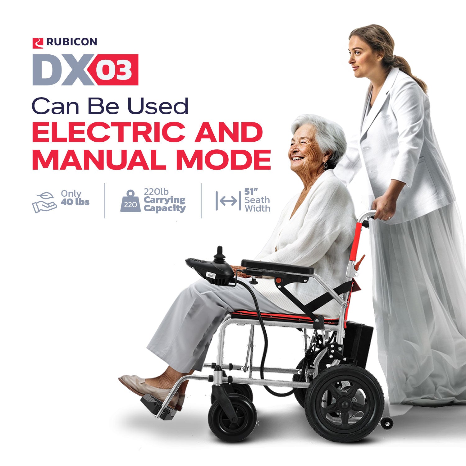 Rubicon DX03 - Affordable, Foldable & Powerful Electric Wheelchair with Dual Motors & 12-Mile Range | Lightweight, Airline-Approved for Travel