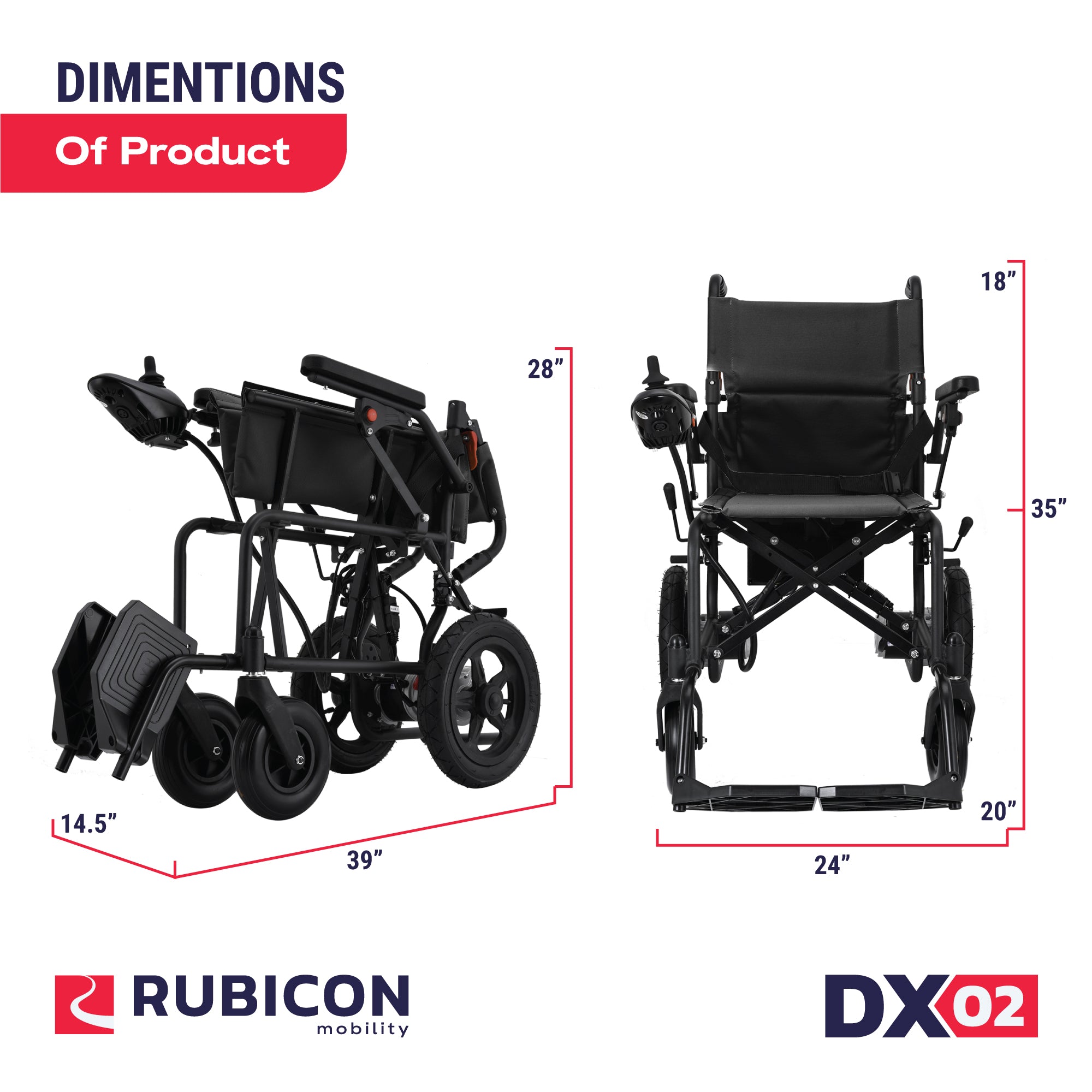 Rubicon DX02 - Affordable, Lightweight & Powerful Electric Wheelchair with Dual Motors & 12-Mile Range | Foldable, Airline-Approved for Travel