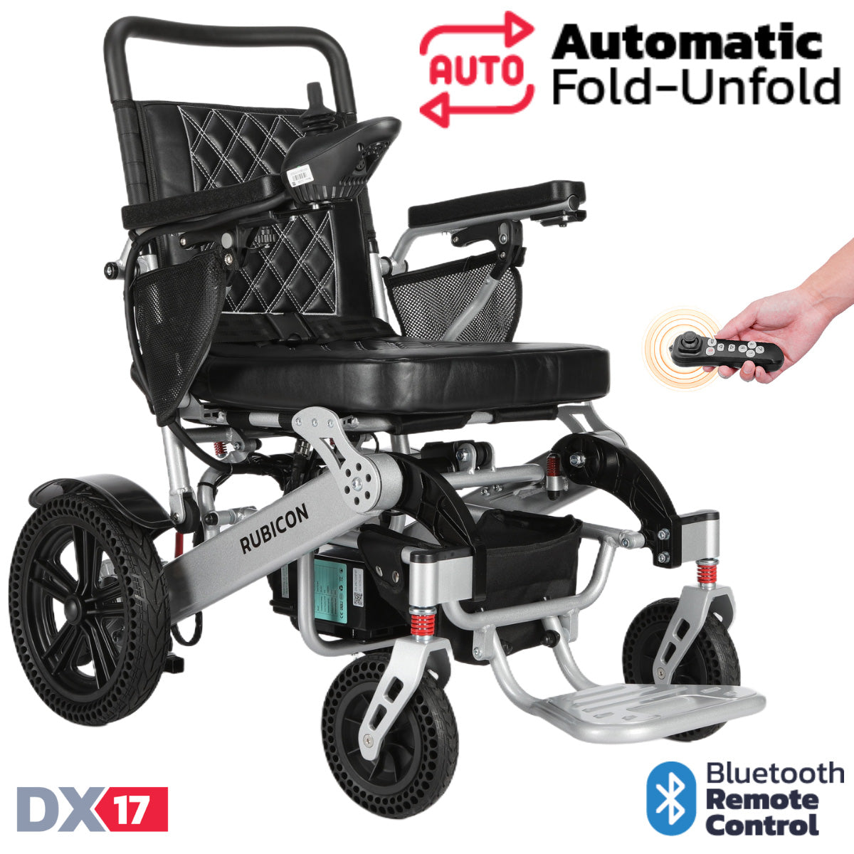 Rubicon DX17 - Automatic Fold-Unfold Electric Power Wheelchair: Lightweight, Auto Collapsible & All-Terrain | Dual 300W Motors, 25-Mile Range