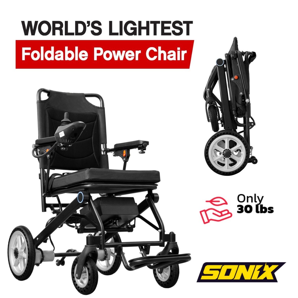 SONIX DX05 Lightest Folding Electric Wheelchair , 30 lbs Without Battery, Flip-Up Armrests, Up to 12-Mile Range, 220 lb Capacity
