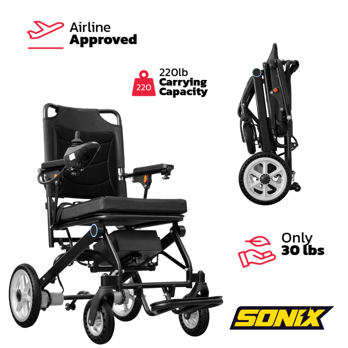 SONIX DX05 Lightest Folding Electric Wheelchair , 30 lbs Without Battery, Flip-Up Armrests, Up to 12-Mile Range, 220 lb Capacity