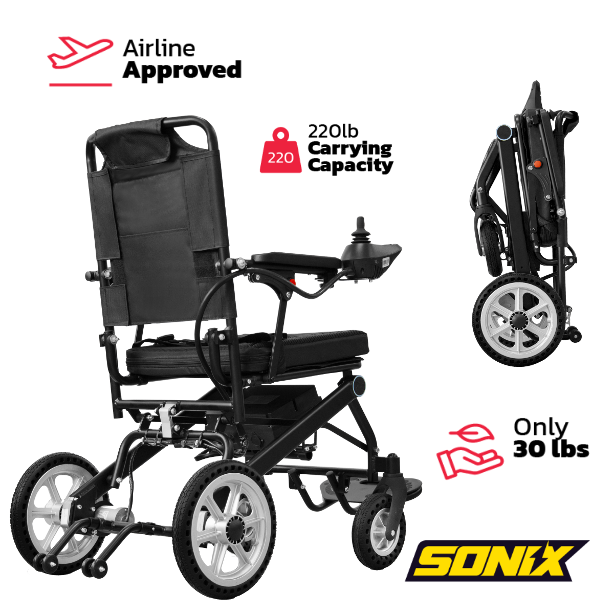 SONIX DX05 Lightest Folding Electric Wheelchair , 30 lbs Without Battery, Flip-Up Armrests, Up to 12-Mile Range, 220 lb Capacity