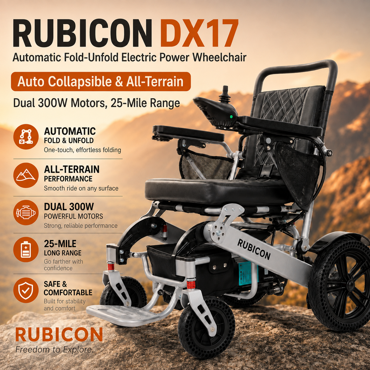 Rubicon DX17 - Automatic Fold-Unfold Electric Power Wheelchair: Lightweight, Auto Collapsible & All-Terrain | Dual 300W Motors, 25-Mile Range