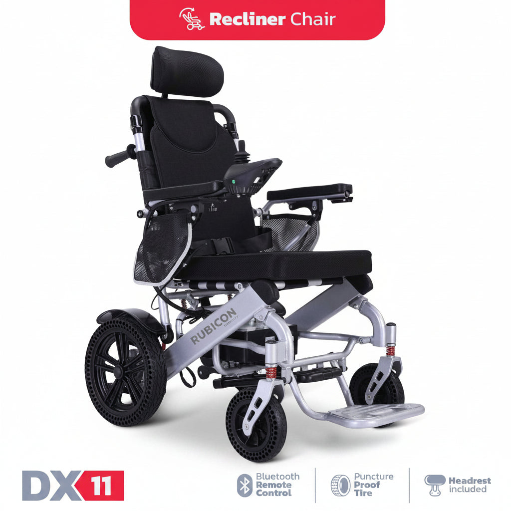 Rubicon DX11 - Reclining Electric Power Wheelchair with Adjustable Headrest, 20-Mile Range & Dual Motors | Lightweight, Foldable & All-Terrain