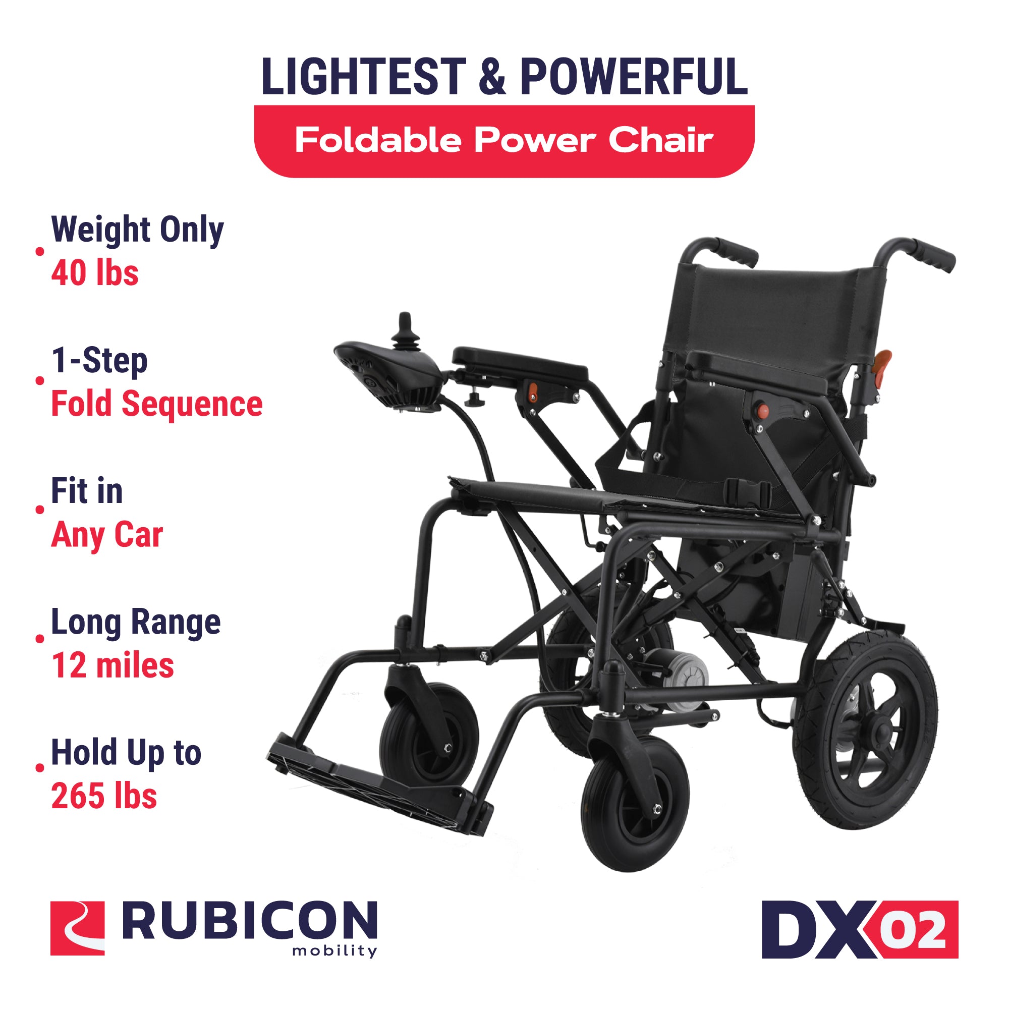 Rubicon DX02 - Affordable, Lightweight & Powerful Electric Wheelchair with Dual Motors & 12-Mile Range | Foldable, Airline-Approved for Travel