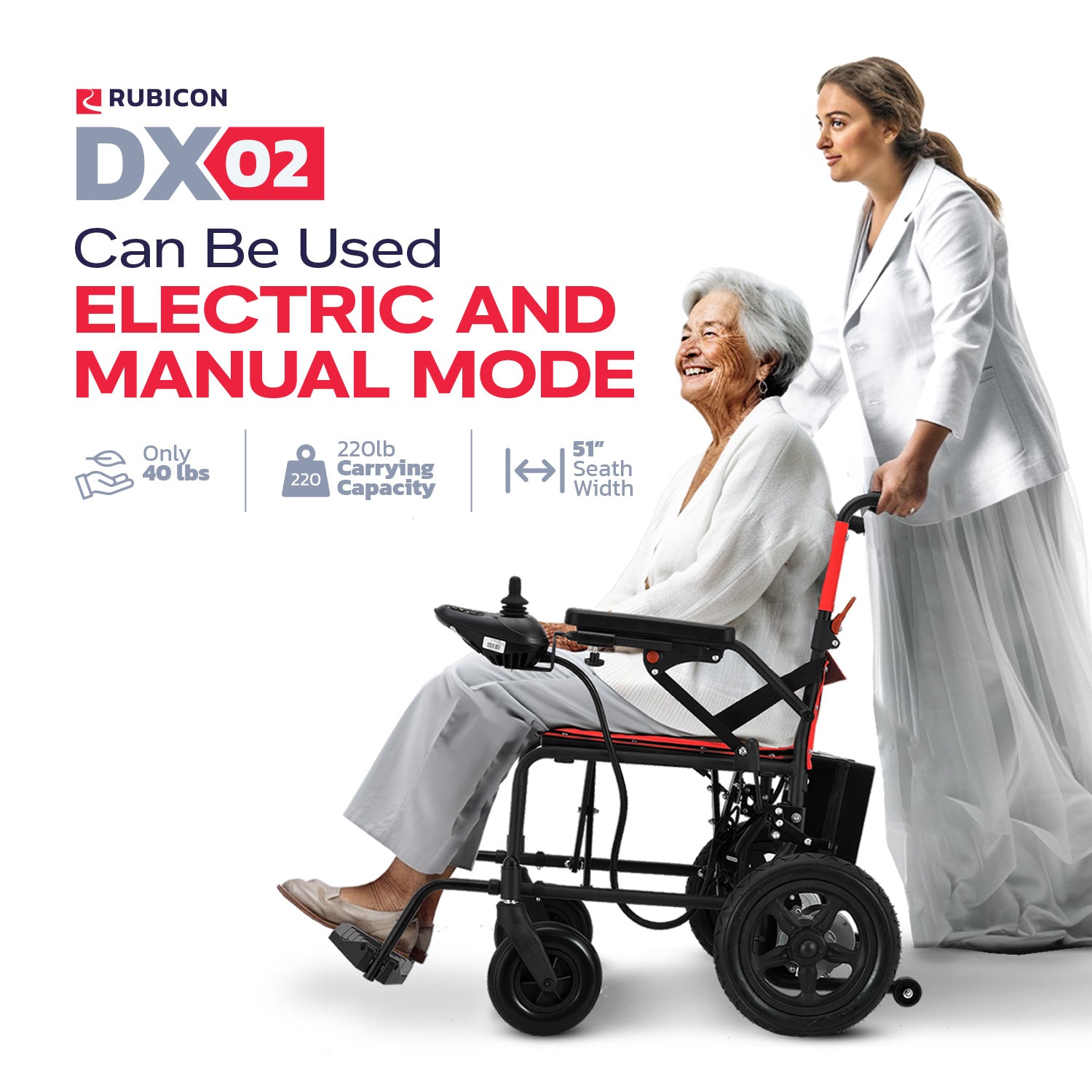 Rubicon DX02 - Affordable, Lightweight & Powerful Electric Wheelchair with Dual Motors & 12-Mile Range | Foldable, Airline-Approved for Travel